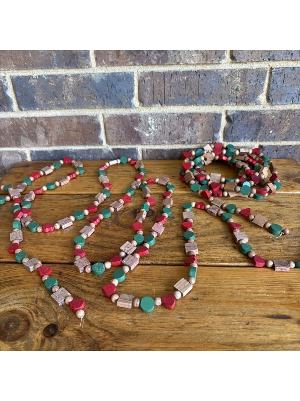 VTG Wooden Hearts Bead Garland 9 Red Green Lot Of 2 9 Ft Strands